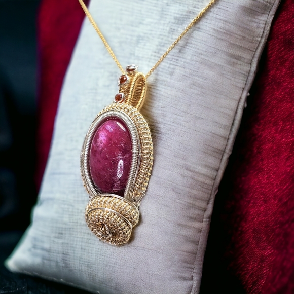 Handmade large ruby sterling silver and 14k gold filled necklace - Picture 6 of 7